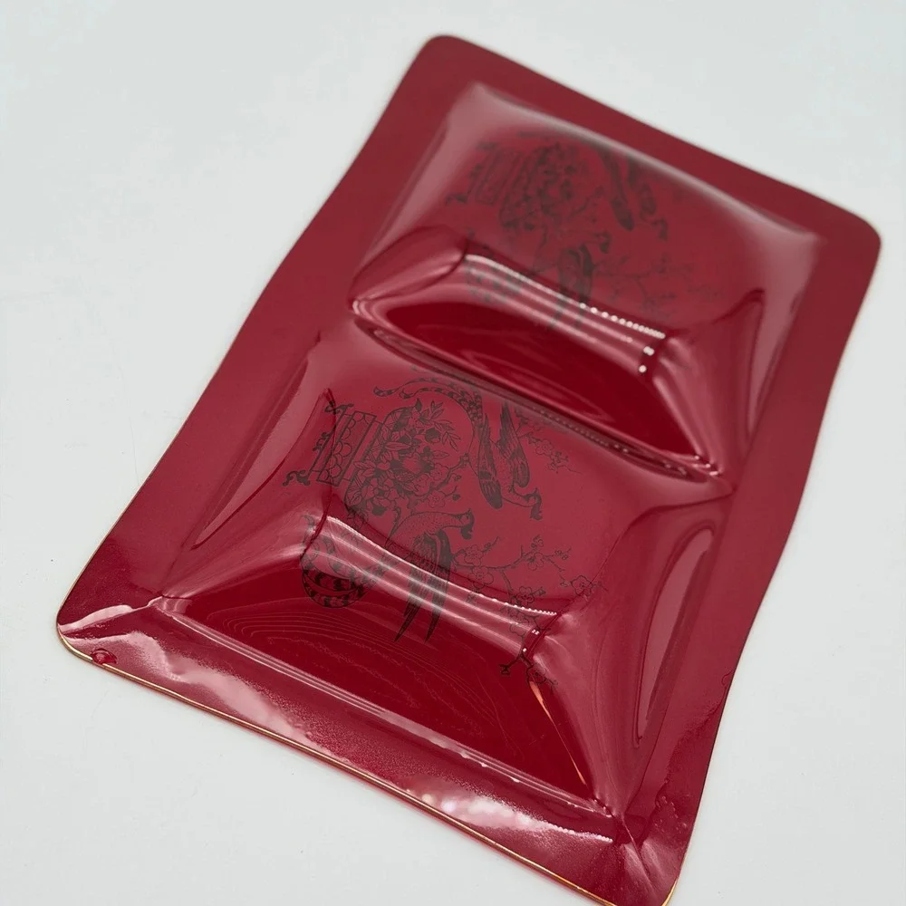 Vintage Ruby Red Acrylic Divided Trinket Tray Gold Peacock Chinoiserie Decor MCM